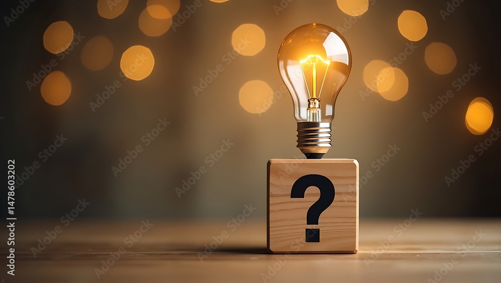 Poster illuminating ideas: glowing lightbulb on block with question mark, guiding the path to answers