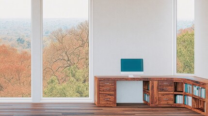 Modern Minimalist Home Office Desk Design with Nature View