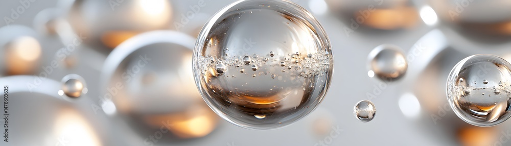 Poster abstract image of many reflective spheres in soft light.