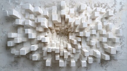 Abstract 3D Cube Sculpture Whimsical White Blocks Exploding from Center Textured Wall Art