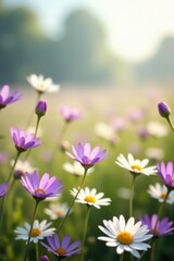 Fototapeta premium A sunlit meadow awash in a vibrant tapestry of purple and white wildflowers, showcasing the delicate beauty of nature's artistry in a breathtaking display of floral elegance.