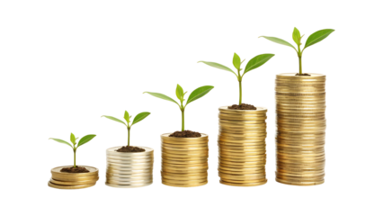 Plant growing from gold coins representing investment growth, sustainability, and eco-friendly wealth accumulation isolated on transparent background