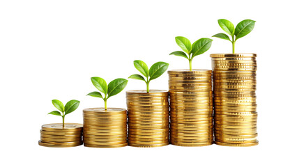 Plant growing from gold coins representing investment growth, sustainability, and eco-friendly wealth accumulation isolated on transparent background