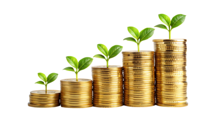 Plant growing from gold coins representing investment growth, sustainability, and eco-friendly wealth accumulation isolated on transparent background
