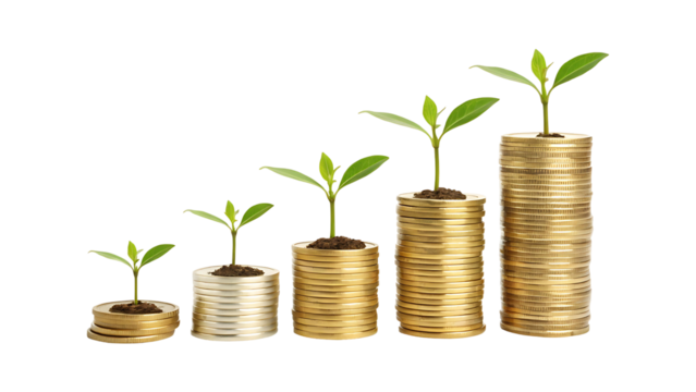 Plant growing from gold coins representing investment growth, sustainability, and eco-friendly wealth accumulation isolated on transparent background