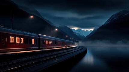 Naklejka premium Train Station at Dusk with Mountains and Calm Waters in Background