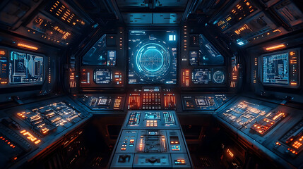 Obraz premium Futuristic spaceship bridge interior, detailed control panels, glowing screens displaying navigation data and system information, creating immersive sci-fi atmosphere