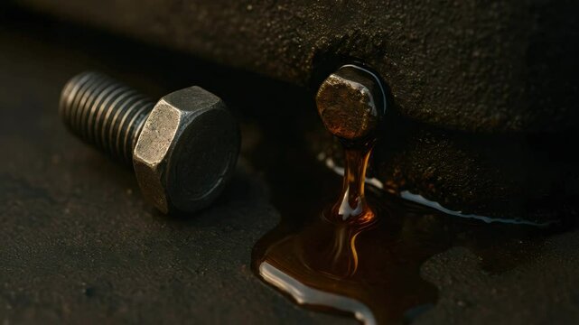 Crude oil spill leaks from rusty bolt dark metal surface causing environment damage with thick harmful liquid flow and visible pollution contamination