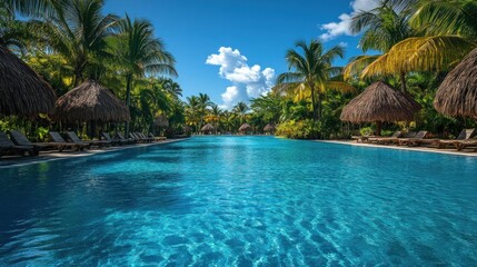 Luxury Tropical Resort Pool Paradise:  Palm Trees, Azure Water, Relaxation