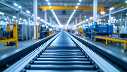 Obraz premium Modern Factory Conveyor Belt System: Industrial Automation and Manufacturing Process