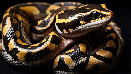 Obraz premium Close-up of a coiled snake with striking yellow and black patterns on dark background