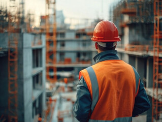 engineer man or architect looking forward with white safety helmet in city construction site . Standing on rooftop building construction at capital