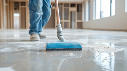 worker cleaning a floor with a vacuum, demonstrating cleanliness and attention to detail in a construction site