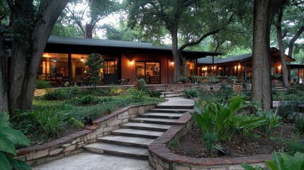 Serene garden pathway leading to a rustic lodge surrounded by lush greenery and trees