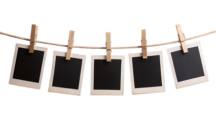 A row of five Polaroid frames pinned on a rope with clothespins isolated on a transparent background. Cut out