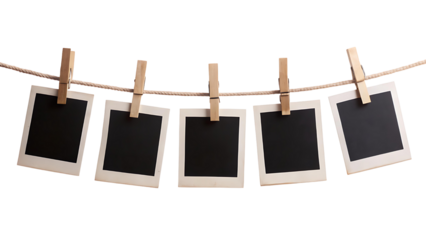 A row of five Polaroid frames pinned on a rope with clothespins isolated on a transparent background. Cut out
