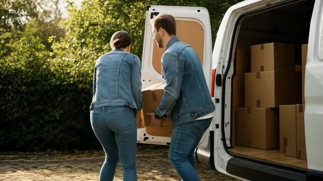 A couple moving boxes from a white van with open doors in a yard on a sunny day with green trees