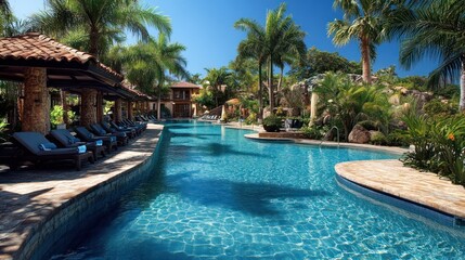 Fototapeta premium Luxury Tropical Resort Poolside Paradise: Relaxation and Escape in a Lush Oasis