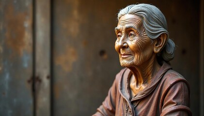 A weathered wooden carving of a grandmother figure, intricate details, aged texture, natural wood grain , wise, vintage