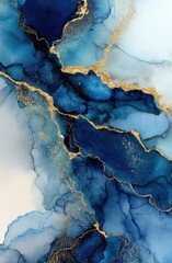 Abstract design with deep blues and gold accents.