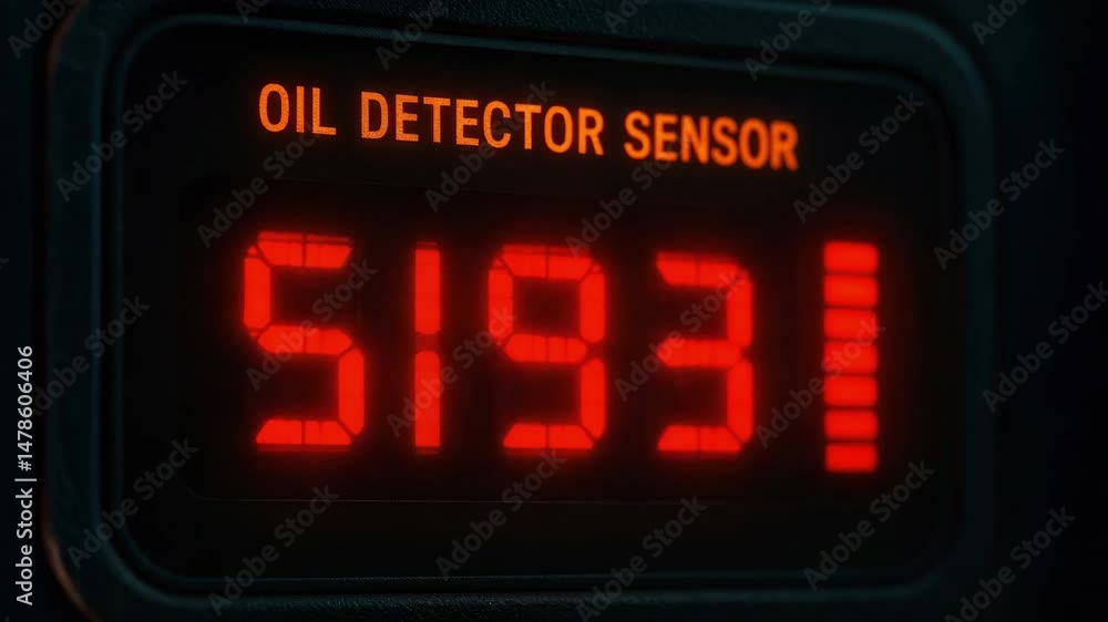 Poster oil detector sensor with red digital numbers indicating crude oil spill detection and high level war