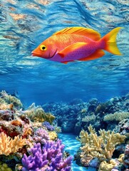 Fototapeta premium Tropical fish swimming above vibrant coral reef underwater scene eye level view colorful marine life ocean ecosystem