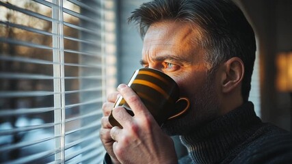 Contemplative man looks through window with morning light and coffee a pensive solitude moment indoors - Powered by Adobe