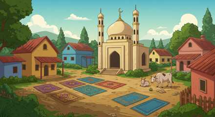 Cartoon Mosque Illustration with Prayer Rugs in Village Landscape | Peaceful Middle Eastern Scene for Children's Books and Educational Material