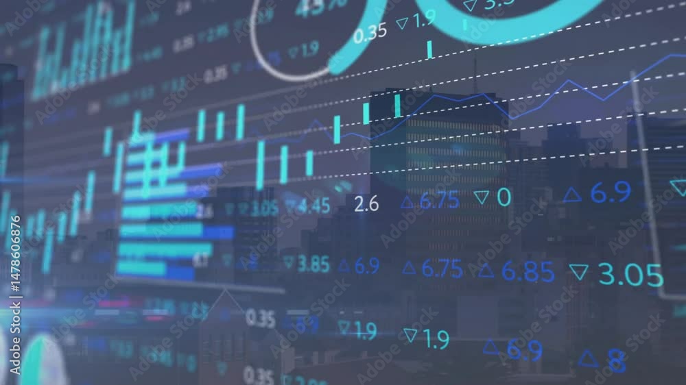 Poster translucent financial chart overlay visualizing data over city skyline, displaying bars and gauges