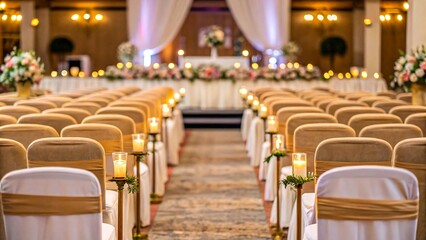 Elegant wedding ceremony aisle decorated with candles and beige chairs, creating a romantic and intimate atmosphere for the happy couple.