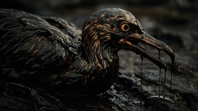 Bird covered in crude oil struggles in environment as spill causes severe pollution harming wildlife, animal feathers, and natural habitat distress