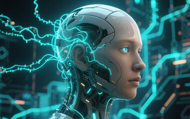 Obraz premium A futuristic digital artwork of a humanoid AI head partially covered 
