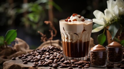 Coffee drink with whipped cream and beans, elegant presentation.