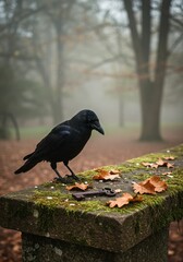 Obraz premium Dark Moody Photo of a Black Raven on Mossy Stone Ledge with Autumn Leaves and Rusty Key