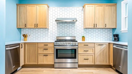Modern kitchen design featuring light wood cabinets, white hexagonal tile backsplash, and stainless steel appliances.