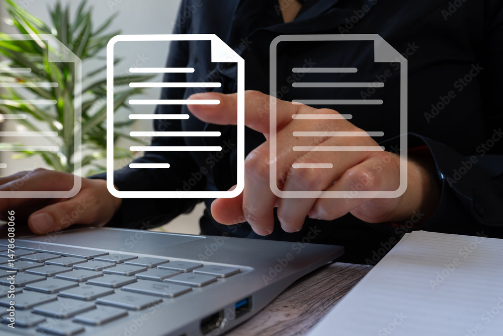 Poster a woman working on a computer pointing at a document with an icon, a document that stands out from o