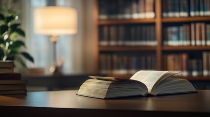 Book stack and opened book on the desk on blurred bookshelves in light public library room background