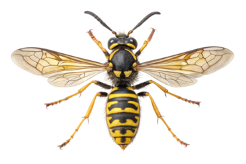 Close up view of a yellow jacket wasp with wings spread on black background PNG