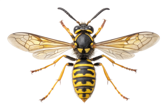 Close up view of a yellow jacket wasp with wings spread on black background PNG