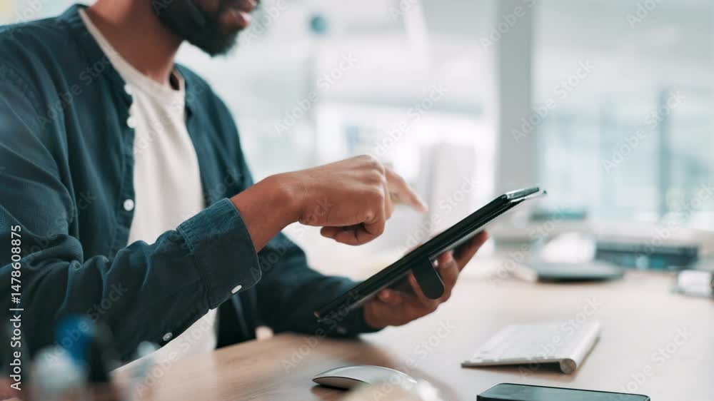 Aufkleber Hands, tablet and scroll at office with project management, schedule or research on web at startup company. Person, digital touchscreen and application with contact, click and job at creative agency