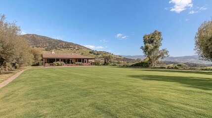 Fototapeta premium Serene countryside landscape featuring a spacious lawn and rustic house under a clear sky
