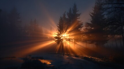 Fototapeta premium Golden light beams through trees in hazy forest