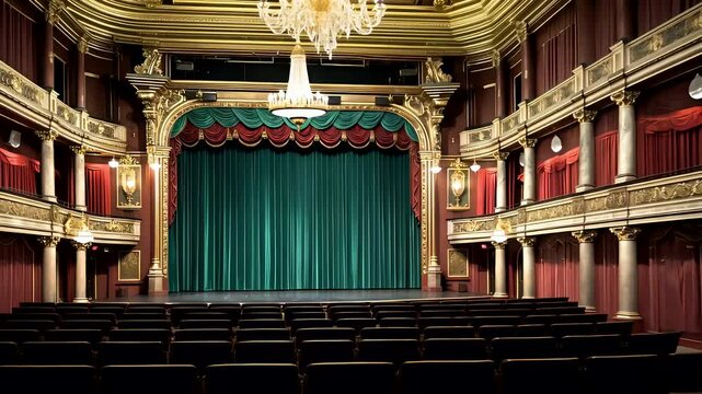Classic Theater Stage with Velvet Curtains and Chandelier