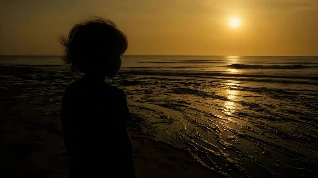 Child silhouette watches sunset over beach and ocean where crude oil spill harms environment with dark patches on shore and water surface