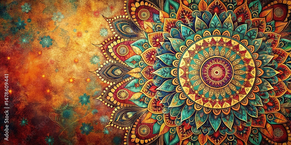 Poster mystical bohemian mandala texture pattern: left-aligned design with copy space