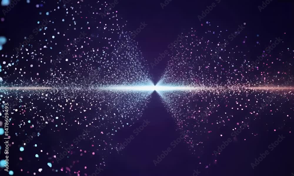 Poster abstract digital wave of glowing particles and energy flows in a dark background.