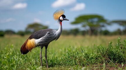 Elegant crane stands in grassy field under a bright blue sky