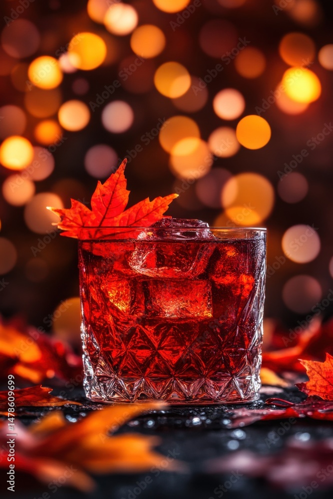 Poster close up of a negroni cocktail with ice cubes and a maple leaf garnish on a dark surface with bokeh 