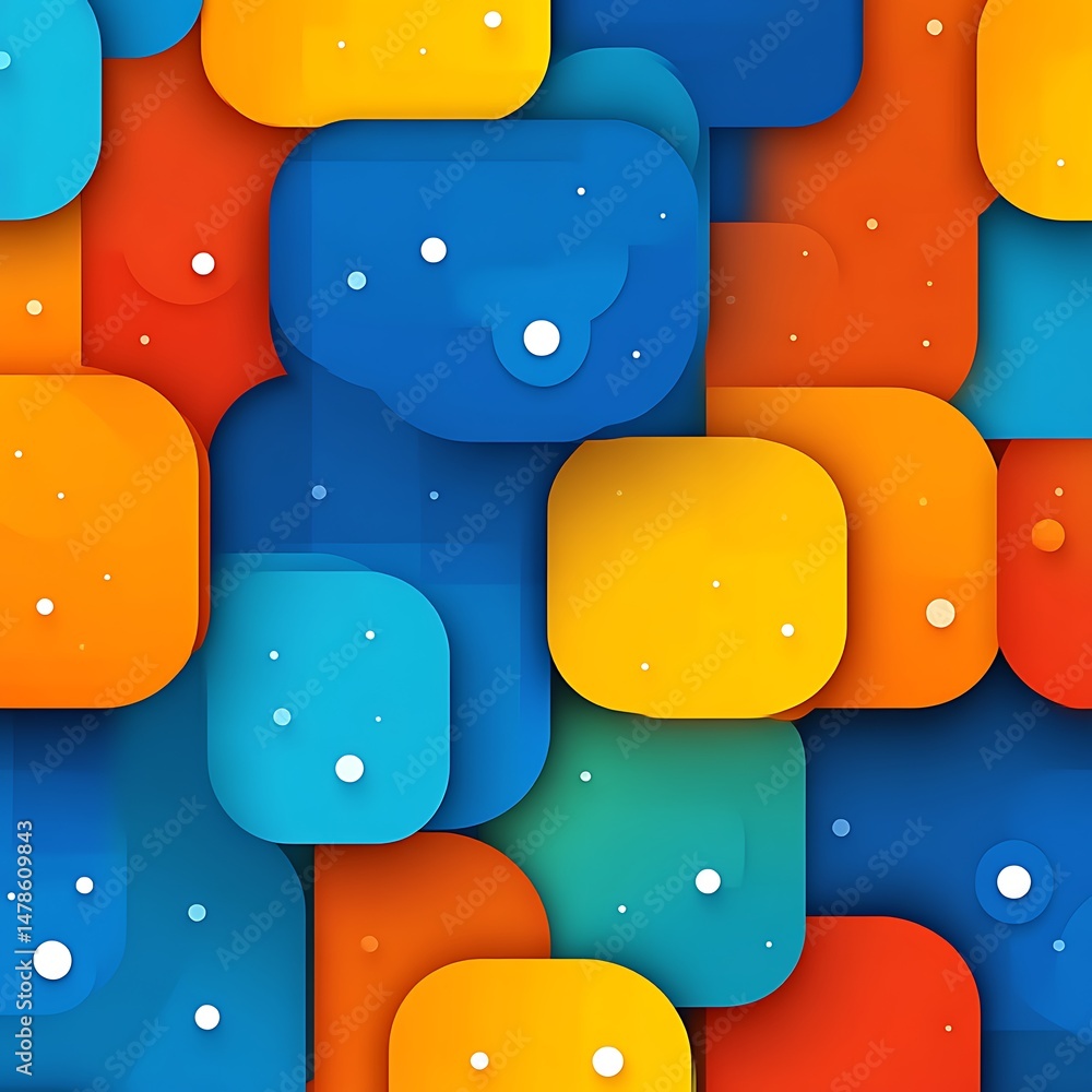 Poster vibrant, overlapping squares in a colorful pattern. rounded edges create a 3d effect. small white do