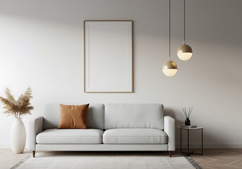 Fototapeta premium Modern living room interior with sofa, frame, and pampas grass in vase